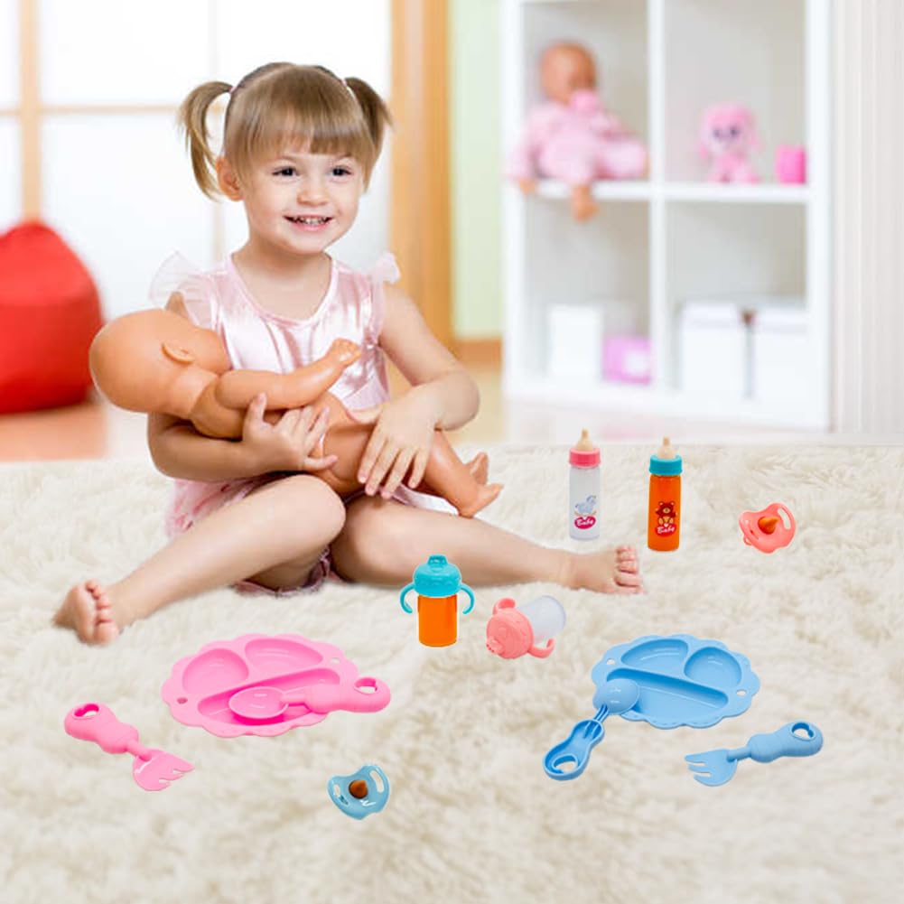 Baby Doll Accessories Magic Bottle Set Magic Disappearing Milk Juice Bottles Sippy Cups With Pacifiers Bowl Spoons, Doll Bottle Toys Feeding Pretend Playset For Kids Girls Ages 3+ (Small Set(10Pcs))