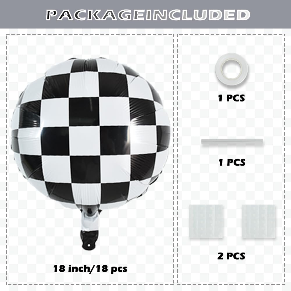 TONIFUL 18pcs Checkered Balloons 18 Inch Black and White Checkered Balloons Racing Balloons Large Checker Foil Balloons for Fast