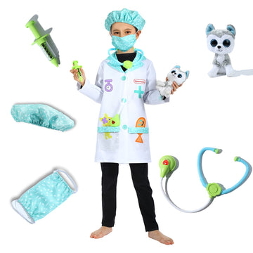 Rabtero Doctor Costume Coat, Kids Veterinarian Costume White Lab Coat Set, Thigh High Length 4T-6T