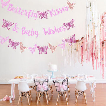 Kisses & Wishes Pink Glitter Butterfly Welcome Baby Girl Banner for Gender Reveal, 1st Birthday, Baby Shower Party Supplies