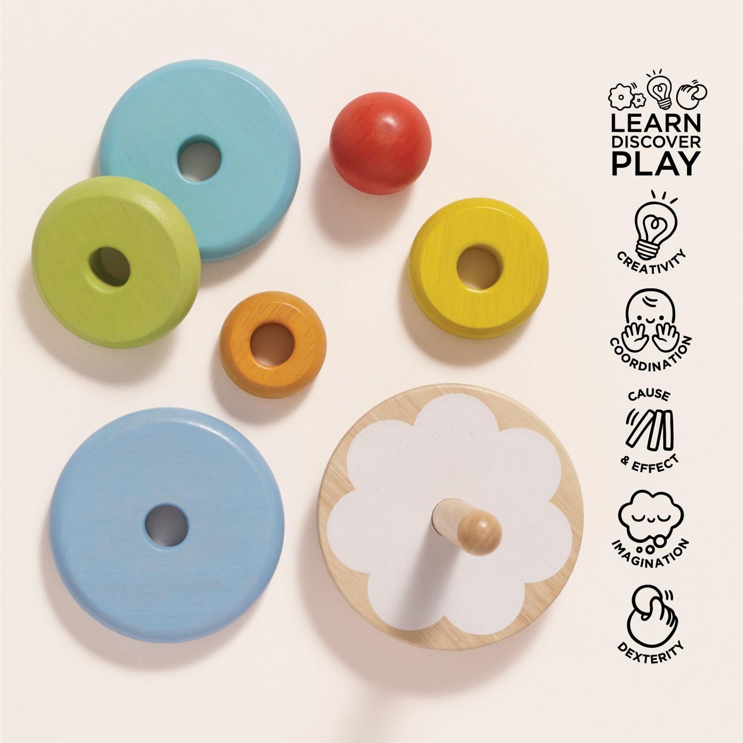 Le Toy Van - Wooden Rainbow Stacker | Girl & Boy 7 Piece Rainbow Wobbling Ring Stacker - Suitable for 18+ Months