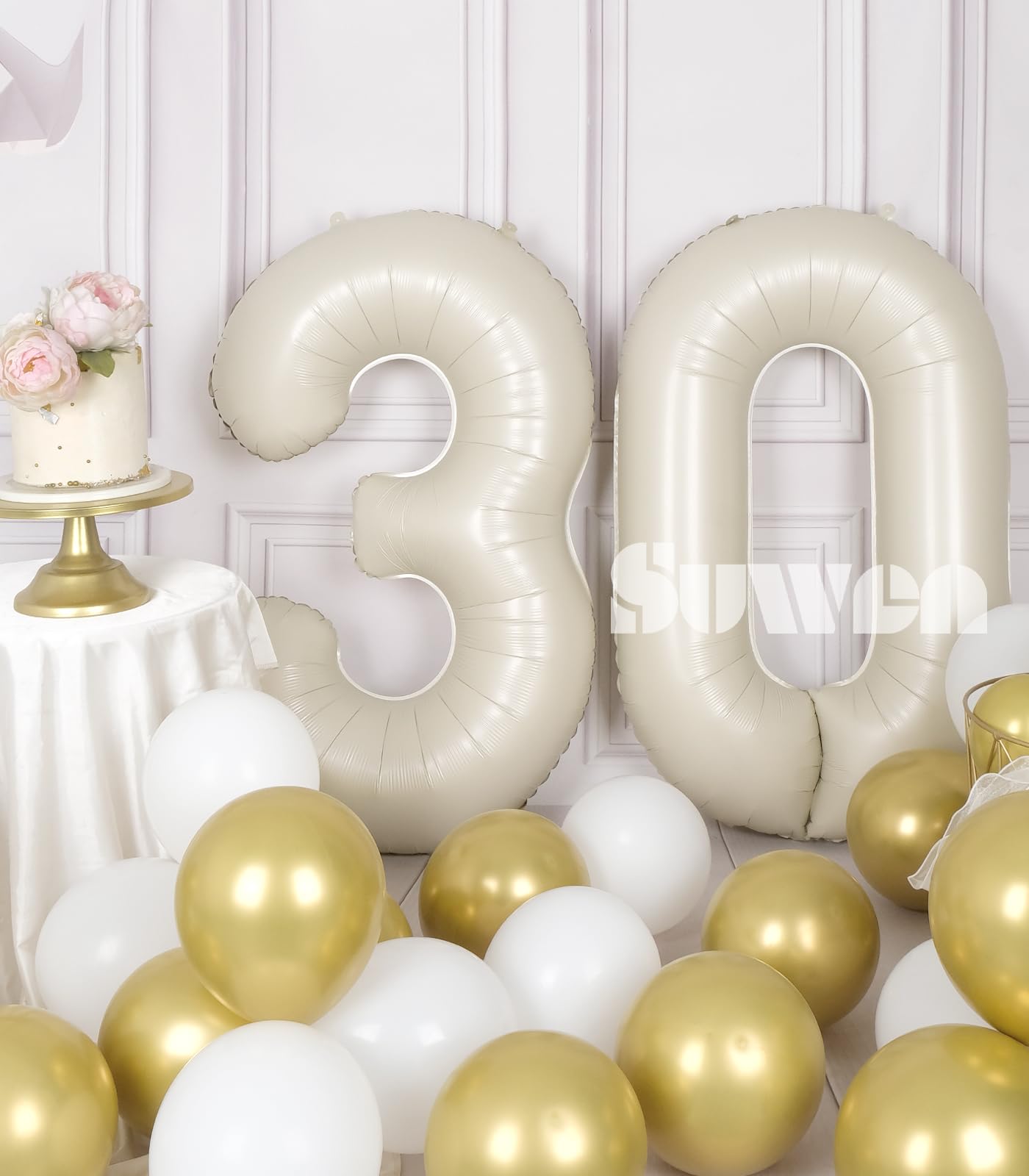 SUWEN 30 Balloon Numbers - Jumbo 40 Inch Cream White Foil Mylar Balloons for 30th Birthday Party Decorations