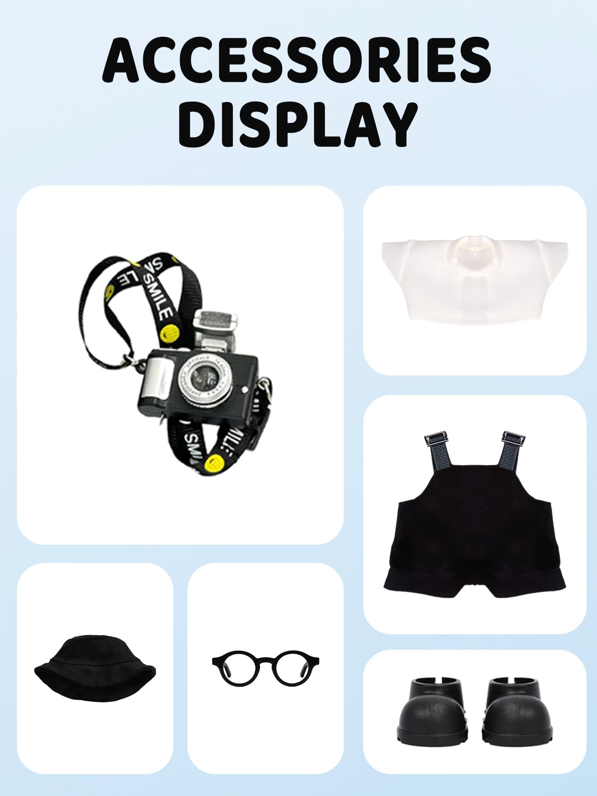 17cm Doll Clothes - 6-Piece Set  Hat + Overalls + Shirt + Camera + Glasses + Shoes  Cute and enhanced Dolls Outfit Accessories (Black)