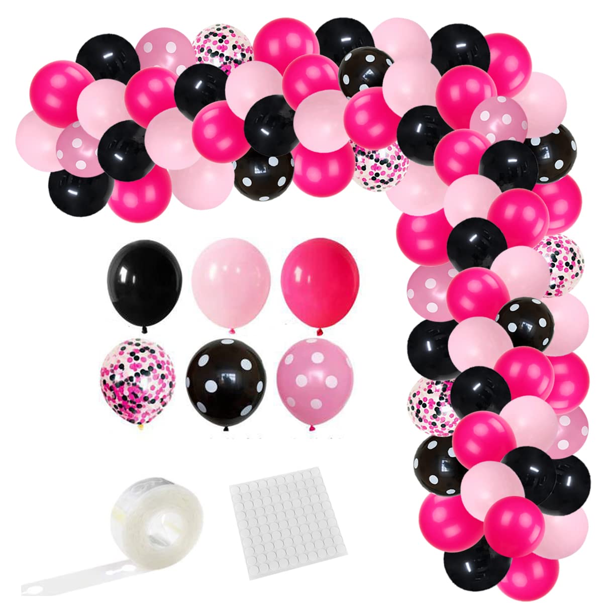 Rose Red Black Pink Balloon Garland Arch Kit - 122Pcs Hot Pink, Black, Rose Red Confetti Balloons For Princess Girl Birthday Wed