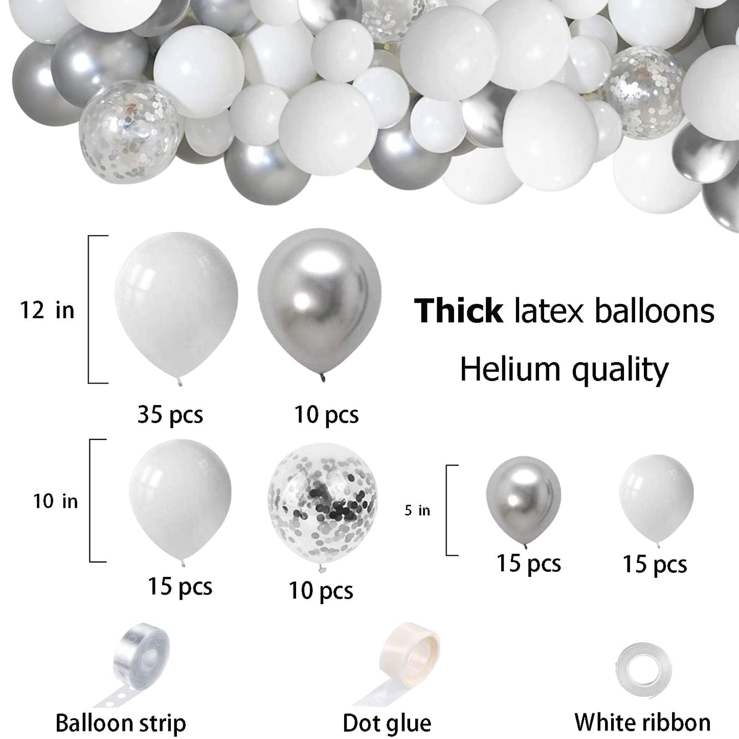 White And Silver Balloons Garland Arch Kit 5'10 Inch 12' White Silver Metallic Confetti Latex Balloons Arch Set For Christmas Winter Wonderland Birthday Baby Shower Wedding Party Winter Decor