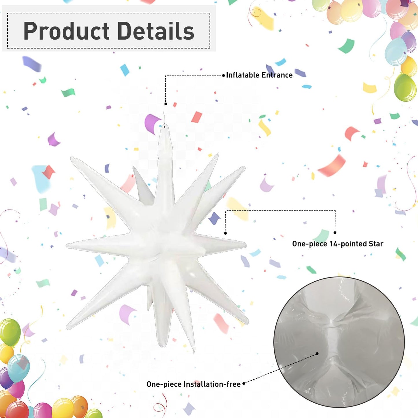 6 Pcs White Star Foil Balloons One-Piece 14-Pointed Star Balloons 4D Starburst Cone Mylar Balloons 22Inch Christmas Birthday Wed