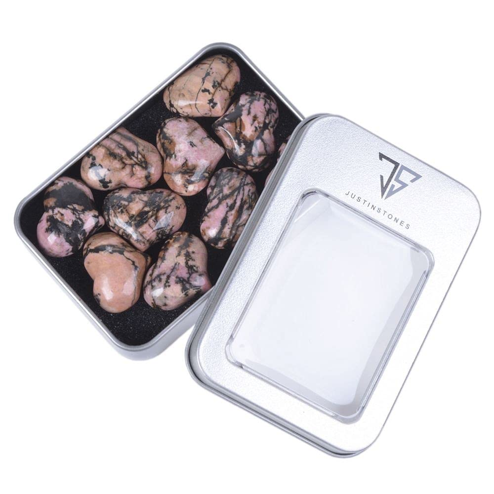 Justinstones Natural Matrix Rhodonite Gemstone Healing Crystal 1 Inch Mini Puffy Heart Pocket Stone Iron Gift Box (Pack Of 10)