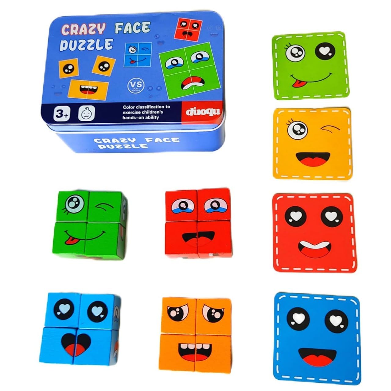 Kridez Face Changing Cube Building Blocks Puzzle, Wooden Face Expression Toy, Educational Face Matching Family Board Game For Ki