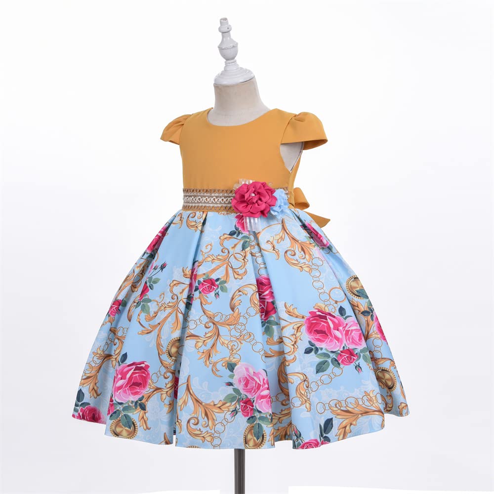 Cosplay Life Floral Dress for Girls and Young mature-themeds Fashion Flower Waistline Kids Party Festival Dress Ages 5-9 Years Old (Blue  7YRS)