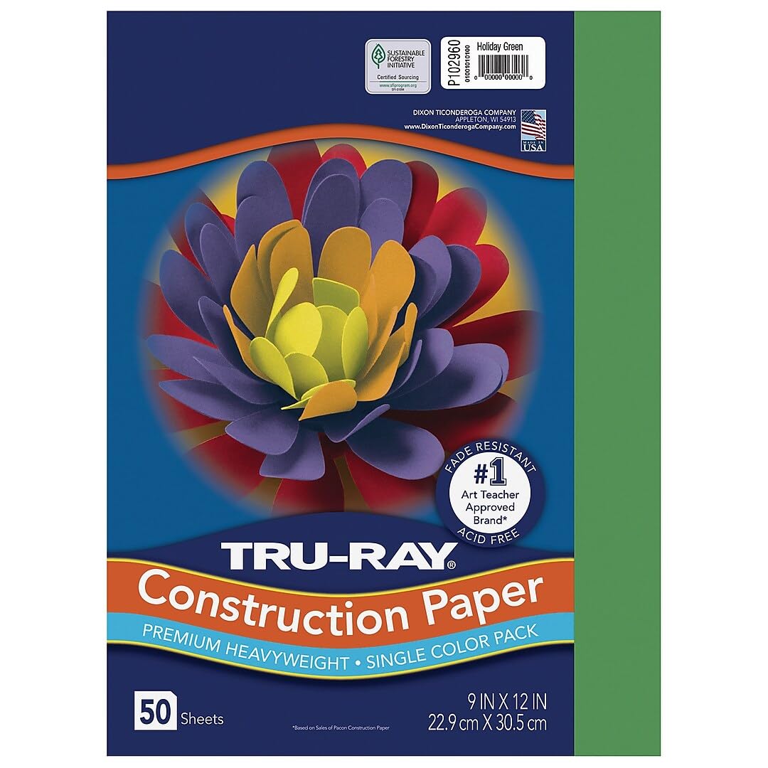 Pacon 102960 Tru-Ray Construction Paper, 76 lbs., 9 x 12, Holiday Green, 50 Sheets/Pack