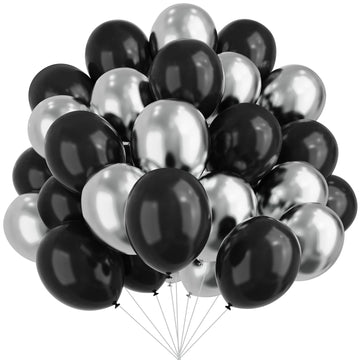 Black And Silver Balloons, 67Pcs 12 Inch Metallic Chrome Silver And Black Balloons For Birthday, Baby Shower, Wedding, And Engag