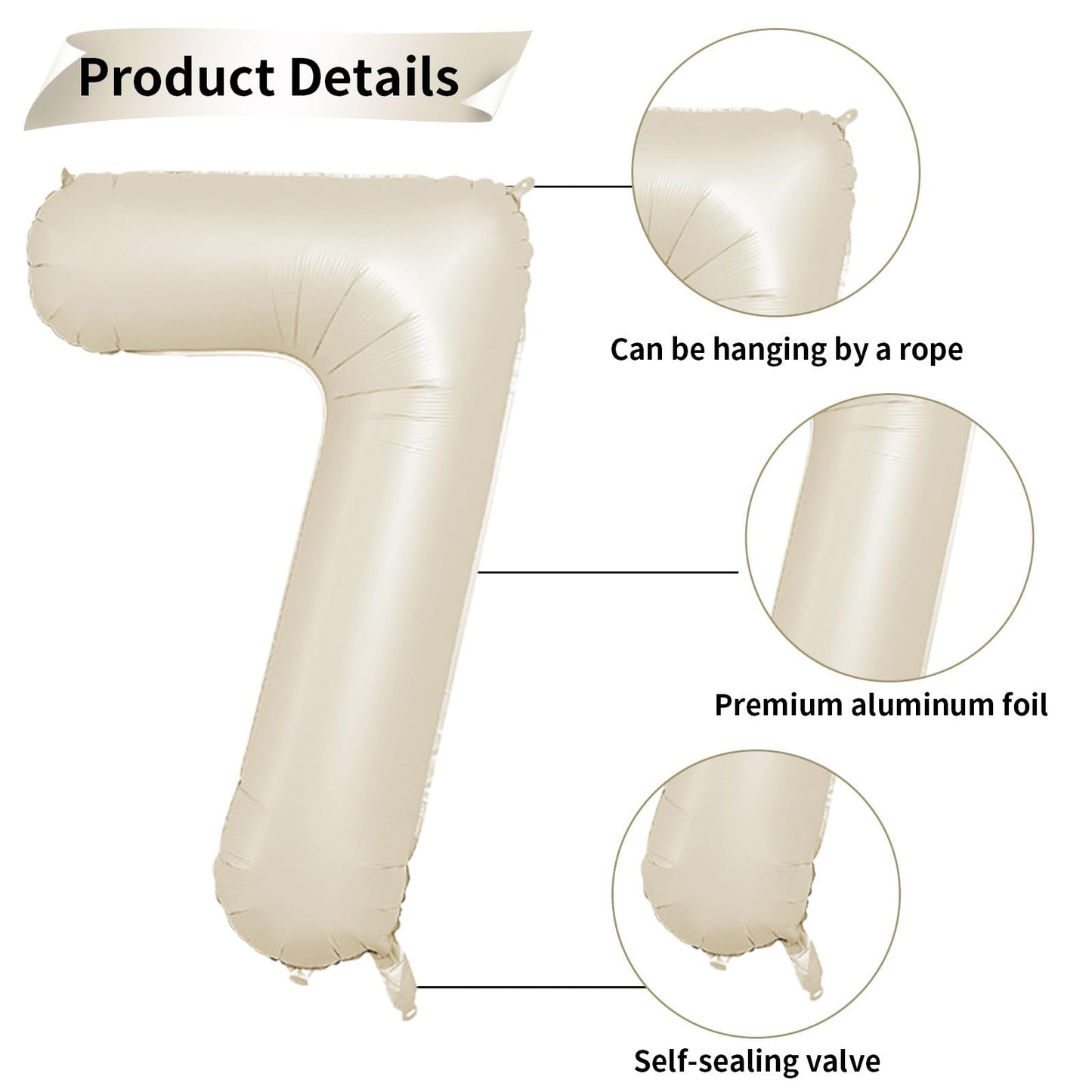 40 Inch Cream Number 7 Balloon, Beige Large 7Th Birthday Balloons, Digital 7 Cream White Giant 7 Foil Balloon Helium For Boys Gi
