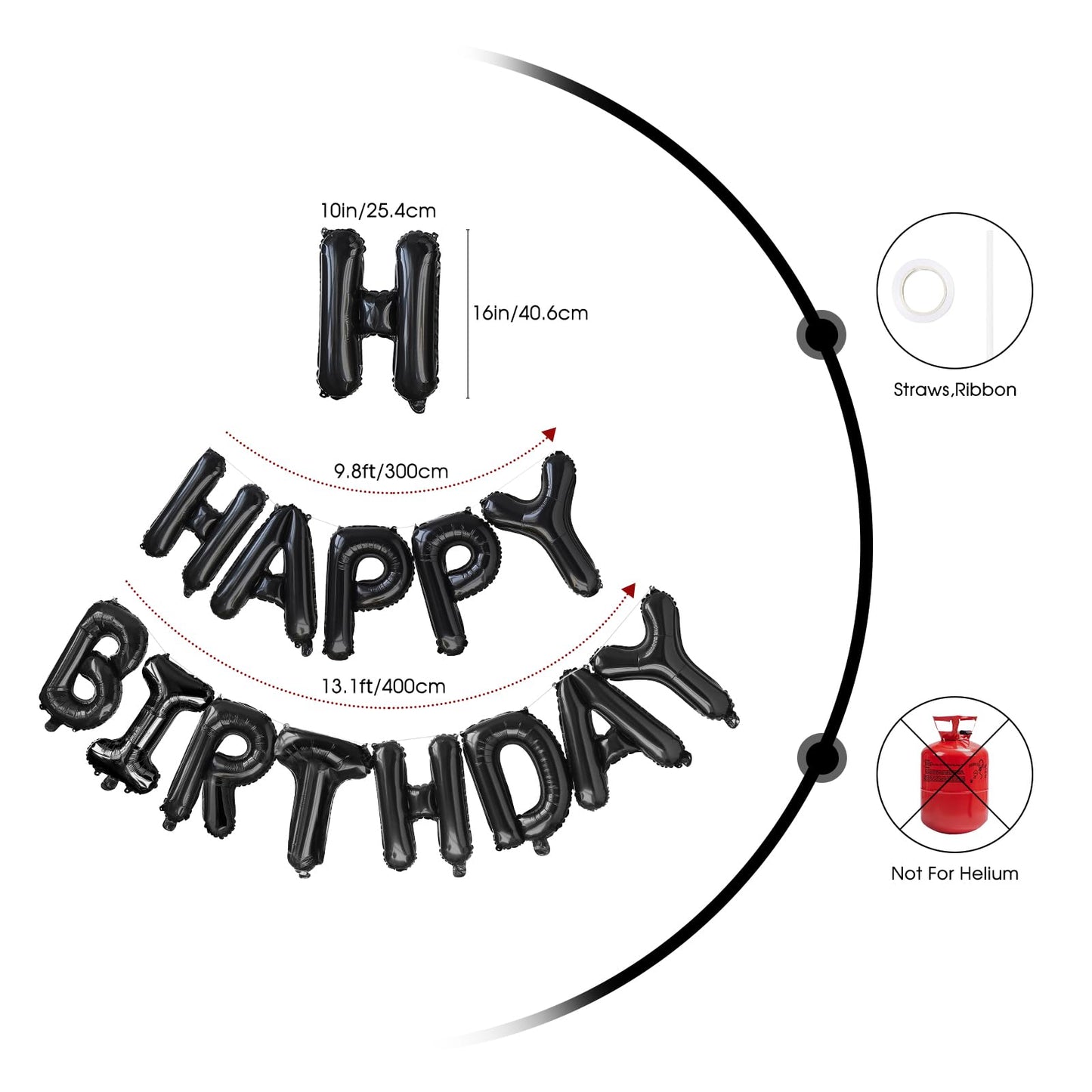 Yungsun Black Happy Birthday Balloons Banner, 16 Inch Reusable 3D Letter Aluminum Foil Inflatable Letter Balloon Sign For Party