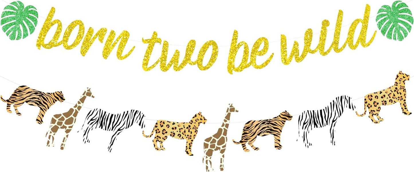 Sursurprise Born Two Be Wild Banner Gold Glitter Animal Print Cheetah Garland, Jungle Safari Theme Wild Two Second Birthday Part