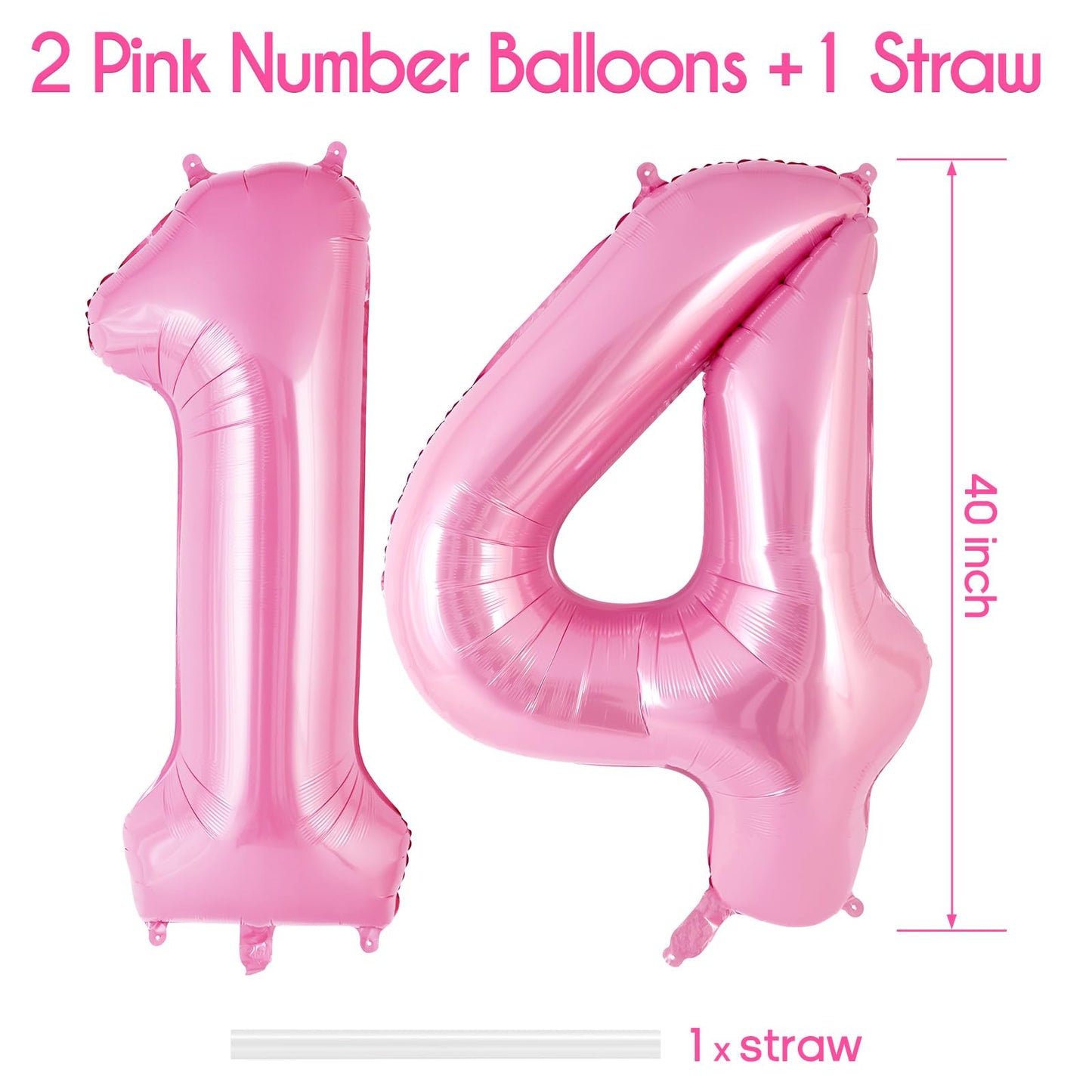 Pink Number 14 Balloon, 40 Inch Big Large Foil Helium Number Balloons, Giant Mylar Number 14 Balloons For 14 Years Old Birthday