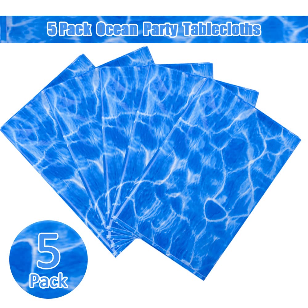 Kesfey 5 Packs Ocean Wave Tablecloth 54 x 108 Inch Water Print Plastic Table Cloth Scratch Resistant Ocean Party Table Covers Wi