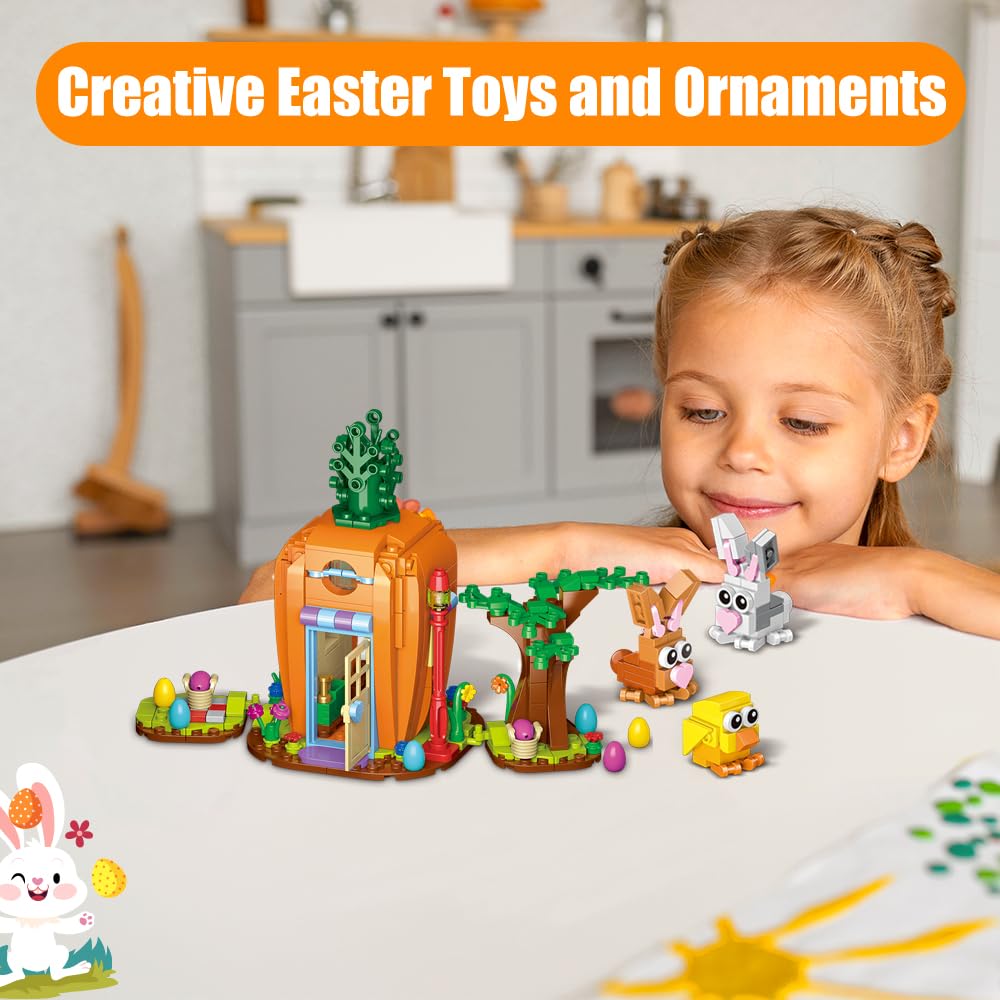 Jarsant Easter Bunny Carrot House Building Set, 2 Rabbits, Chick, Colorful Easter Egg and Basket Toy, Brickheadz Pets Building B