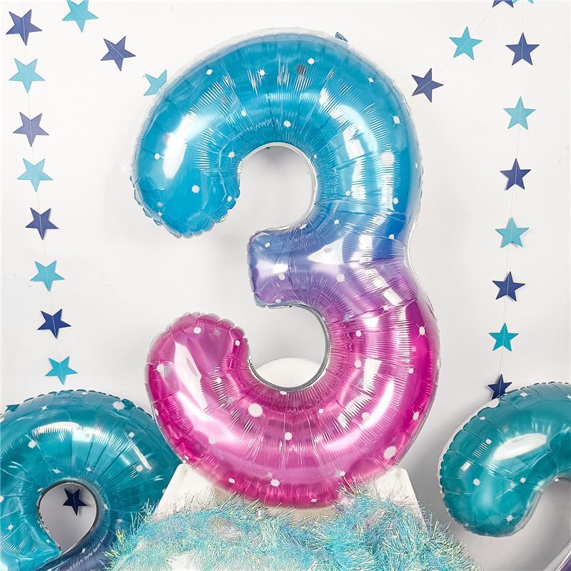Large Blue Pink Starry 3 Balloons, 40 Inch Giant Mermaid Helium Mylar Foil Globos Numero For Girls, Self Inflating Rainbow 3Rd B