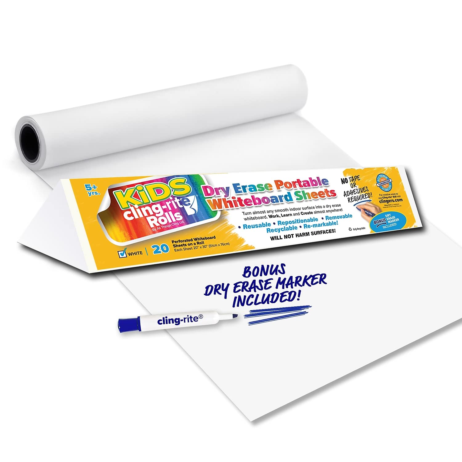Clingers Dry Erase Kids Cling-rite Rolls, Portable Whiteboard, 50 ft roll, Sheet Size 20x30 for Kids Drawing and Planning, Scho