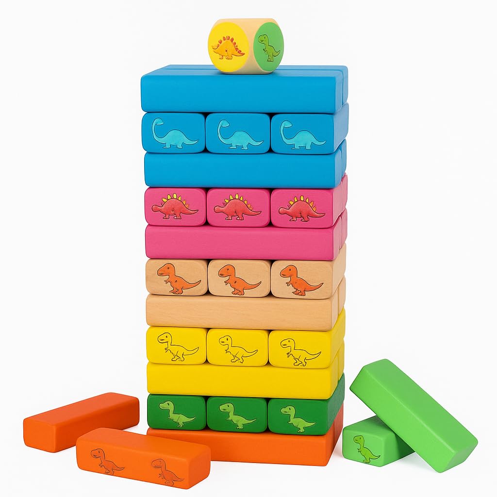 Dtr Creation 54 Pcs Dinosaur Printed Wooden Stacking Game | Educational Tumbling Tower Blocks Toys For Kids | Fun Dinosaur Build
