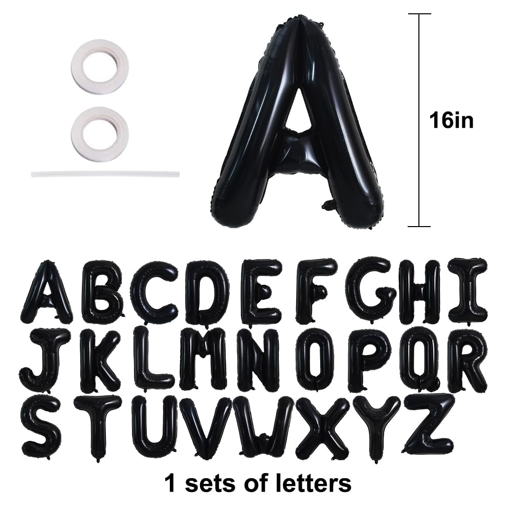 TONIFUL 16 Inch Black Foil Alphabet Balloons, Custom A-Z Letter Banner, 26 Pcs for Birthday, Graduation, Anniversary Decorations