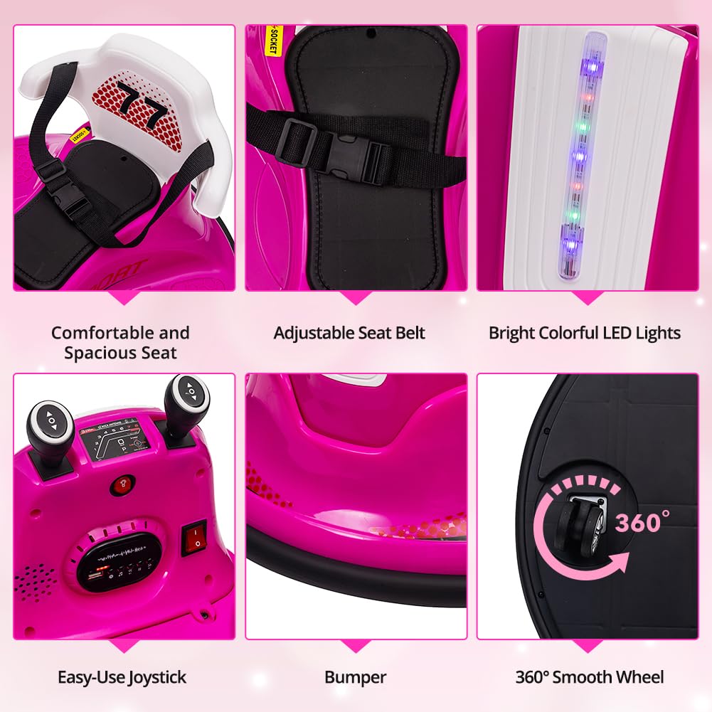 Ride On Bumper Car, Electric Kids Ride On Car With Remote Control, Safety Belt, Music, Flashing Lights, 360 Degree Spin, 2 Driving Modes, Bumper Car For Toddlers,Boys And Girls,Pink