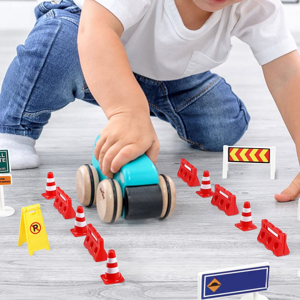 TOYANDONA 31Pcs Road Signs for Kids, Miniature Plastic Traffic Cones Mini Barrel Roadblocks Toys Set Educational Playset Pieces