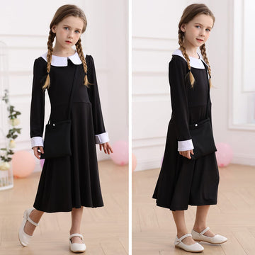 Luzlen Black Costume Girls With Wig Socks Kids Toddler Black Family Dress Halloween Cosplay Outfits, Black, 6-7Y(Tag 140)