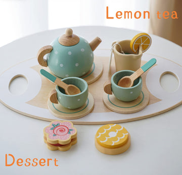 Wooden Tea Party Set for Little Girls Toys, Pretend Play Kids Tea Set for Toddlers Wood Toys, Wooden Play Food Kitchen Accessori