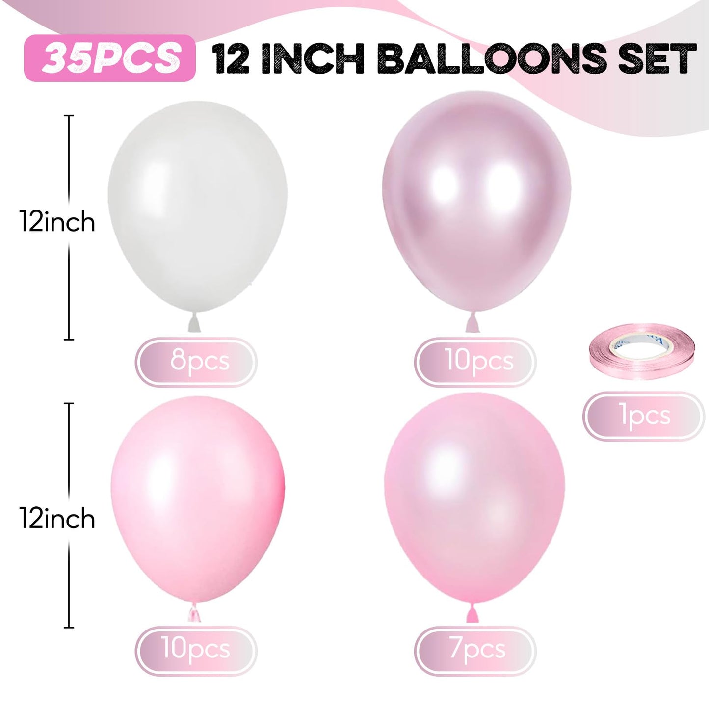 Pink Balloons Set, 12 Inch Metallic Pink Balloons Light Pink And White Latex Balloons Pastel Macaron Pink Party Decoration Heliu