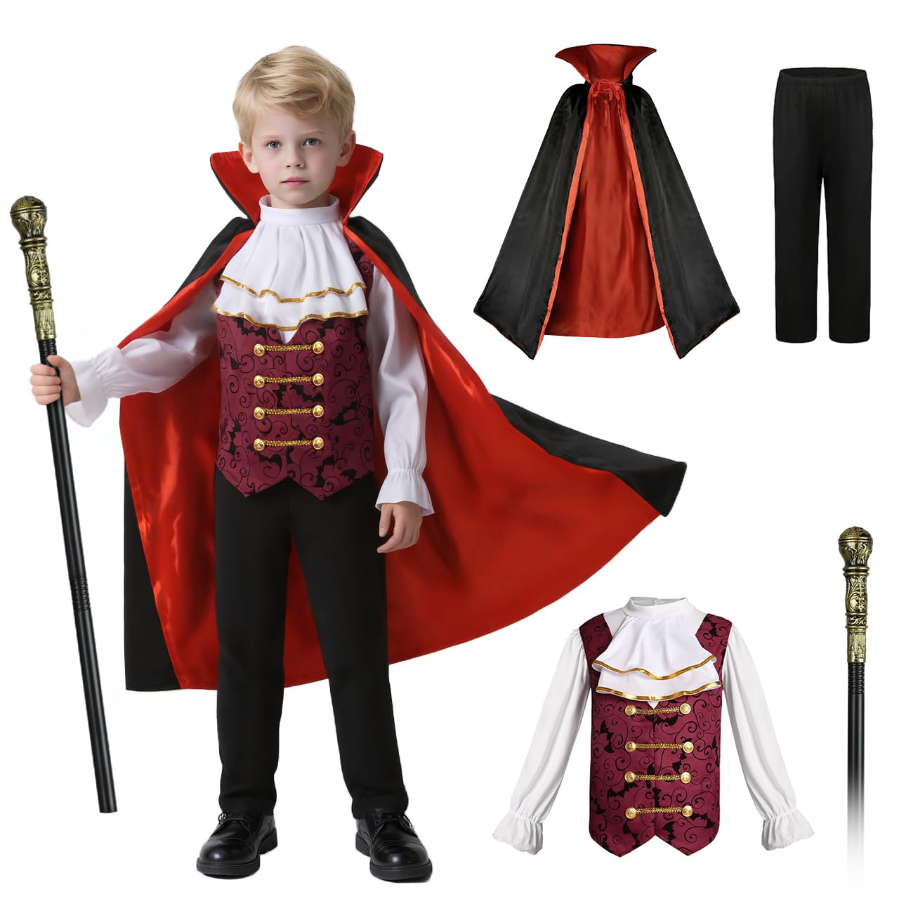 Kids Vampire Costume for Boys Bat Halloween Vampire Costumes for Kids Halloween Scary Cloak with Cane 4'3''-4'9'' Red