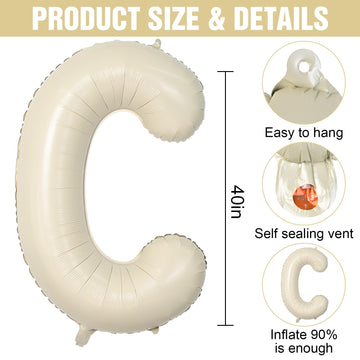 Letter Balloons Beige,40 Inch Letter C Balloons,A-Z Alphabet Name Foil Balloons,Big Single Cream Aluminum C Word Balloons Helium