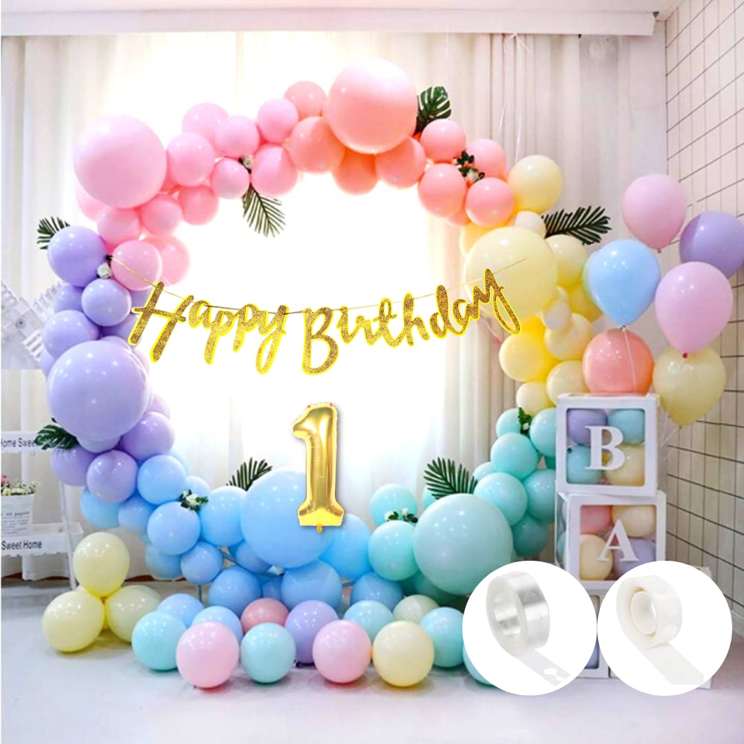 Flyloons 1St Pastel Happy Birthday Decoration Girls Kids Boys Glitter Golden Happy Birthday Banner,Pastel Balloons,Glue Dots,Arc
