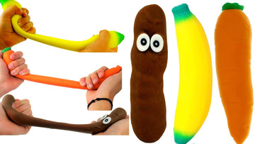 JA-RU 3 Pack Squishy Poop, Carrot & Banana Fidget Toys - Slow Rising Stress Relief Squeeze Toys for Kids, Funny Gag Gifts, Party Favors