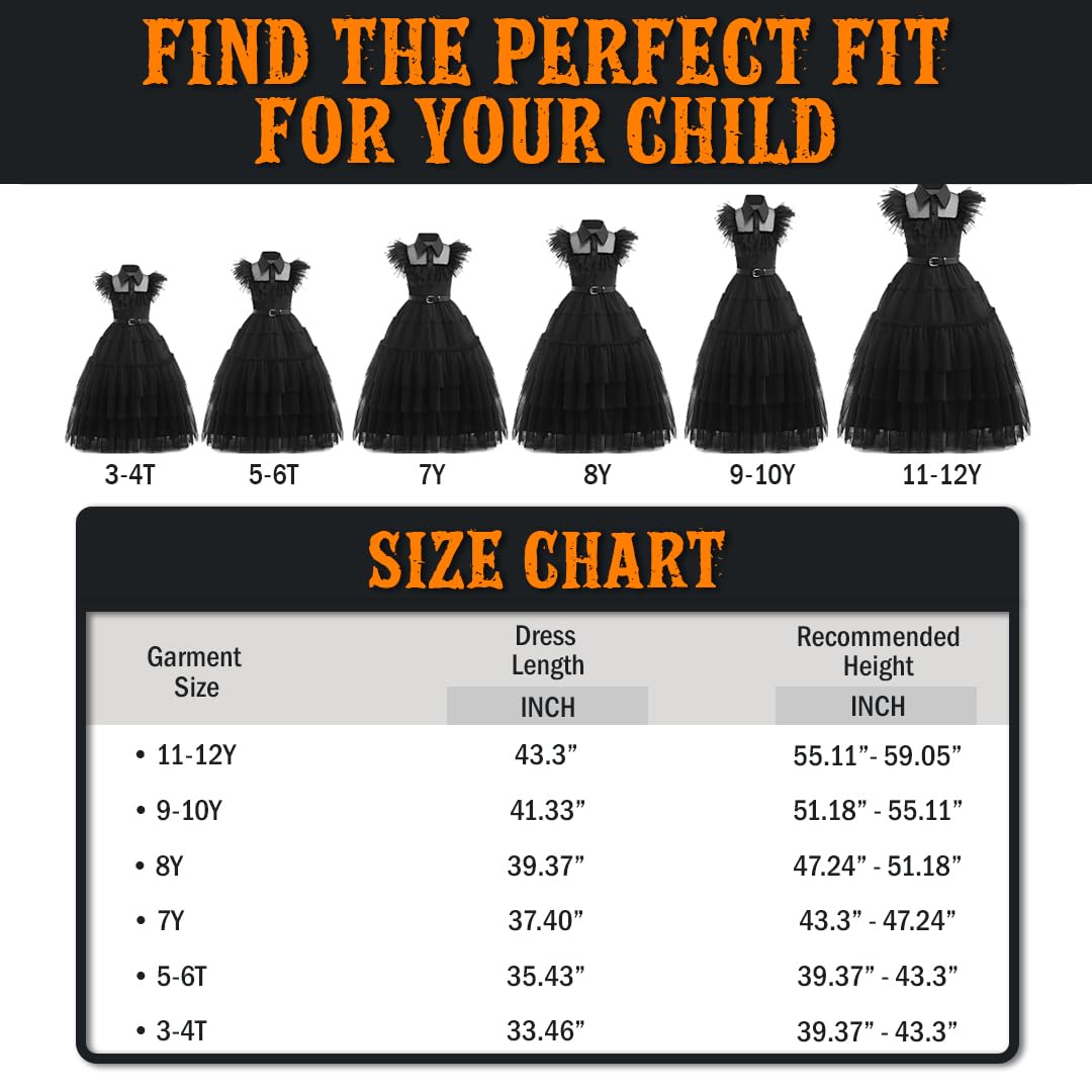 Spookyfit Halloween Dress - Complete Costume Set For Girls | Halloween | Black Dress, Wig, Gloves, Thing, Adjustable Bag, Belt &
