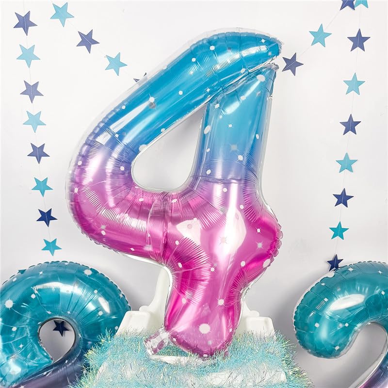 Purple Teal Number 4 Balloons, 40 In Large Mermaid Starry Number 4 Mylar Foil Helium Balloons For Girls, Self Inflating Rainbow
