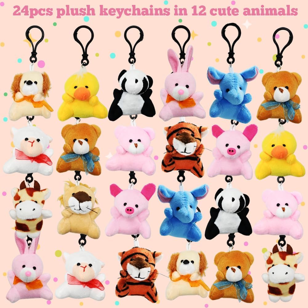 Lukbera 24Pcs Plush Animals Keychain Set, Cute Mini Keychain Toys For Kids Goodie Bag Classroom Prize