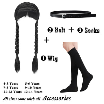 Grivos Black Costume Girls,Little Kid Dress For Kids Black Outfit Halloween Costumes Cosplay Party With Belt Wig Socks 4-14Y