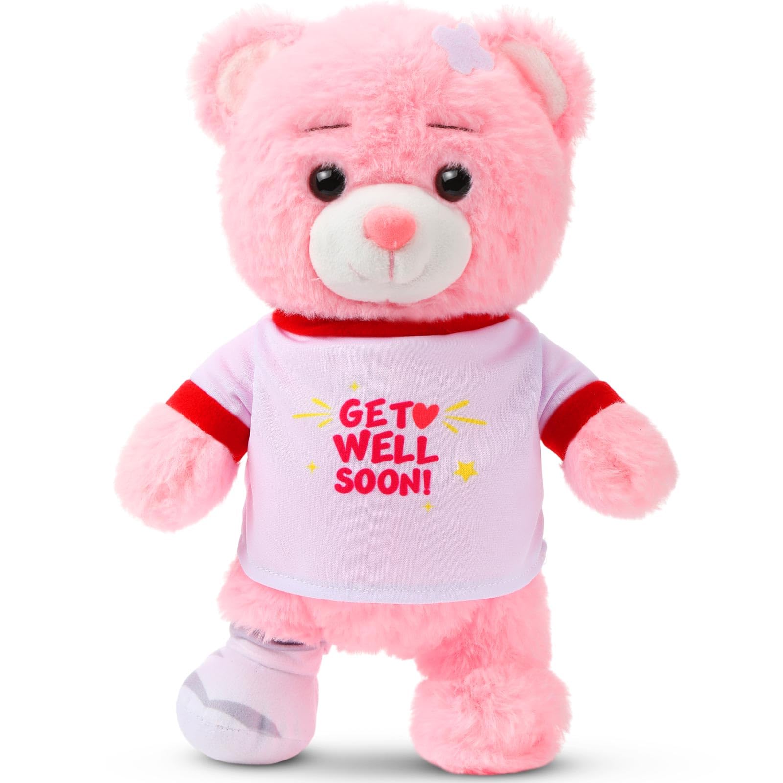 Deekin Get Well Soon Gifts for Kids Injured Recovery Bear Stuffed Animal Gifts Bear for Kids mature-themed with Broken Arm After Surgery Soft Bandage Plush 10 Inches (Pink Leg Injury)