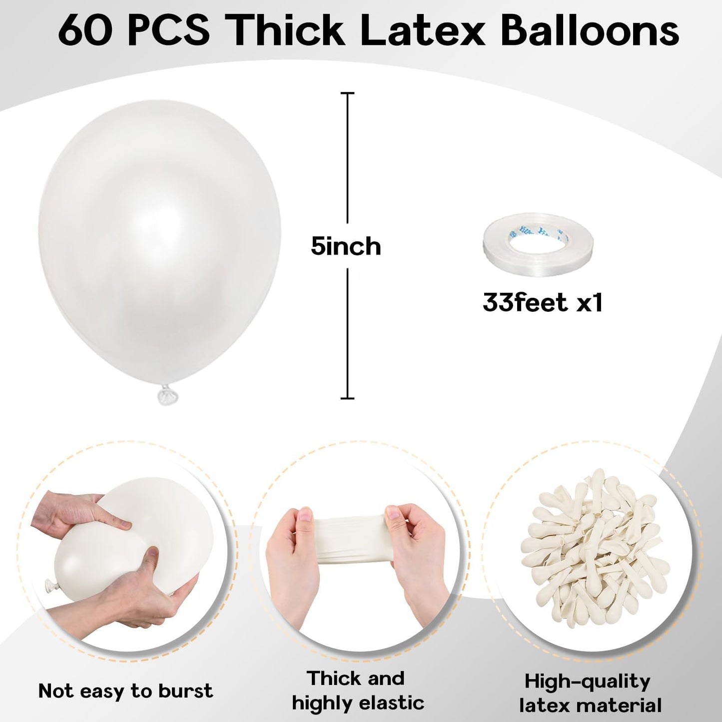 Jobkoo Pearl White Balloons 5 Inch, 60Pcs Small White Pearl Balloon Bright Clear White Latex Balloons For Arch 5'' Mini White He