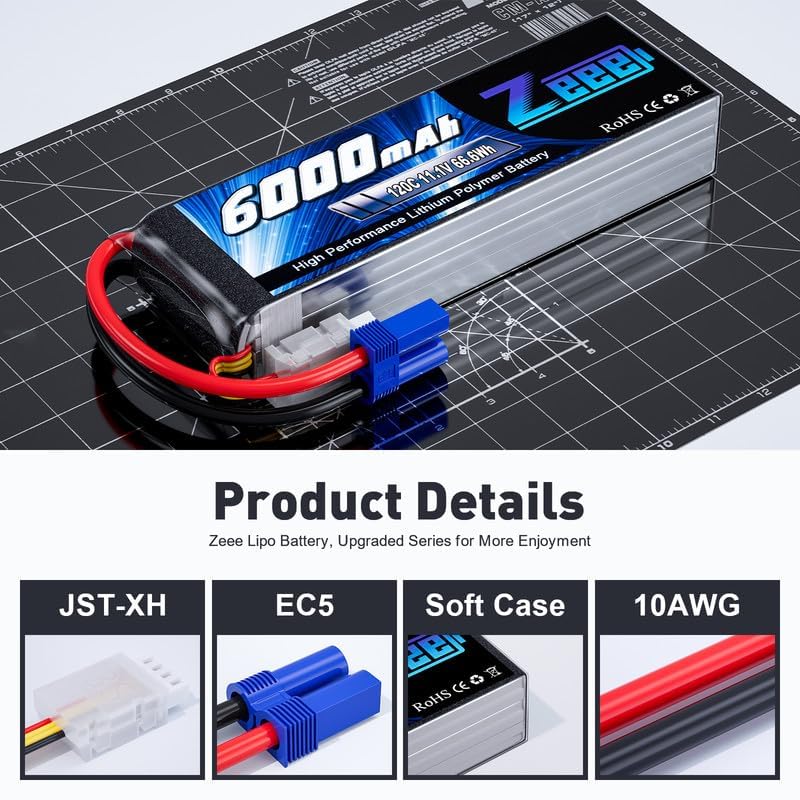 Zeee 3S Lipo Battery 6000mAh 11.1V 120C Soft Case RC Battery with EC5 Connector for Helicopter Airplane Quadcopter RC Airplane R