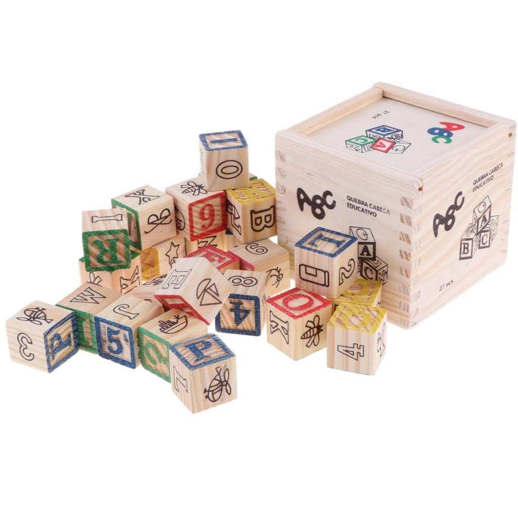 MILAAN Box of 27pcs Wooden Letter & Number Cube Building Blocks Alphabet Learning Kids Spelling Toy Sorting & Stacking Puzzles