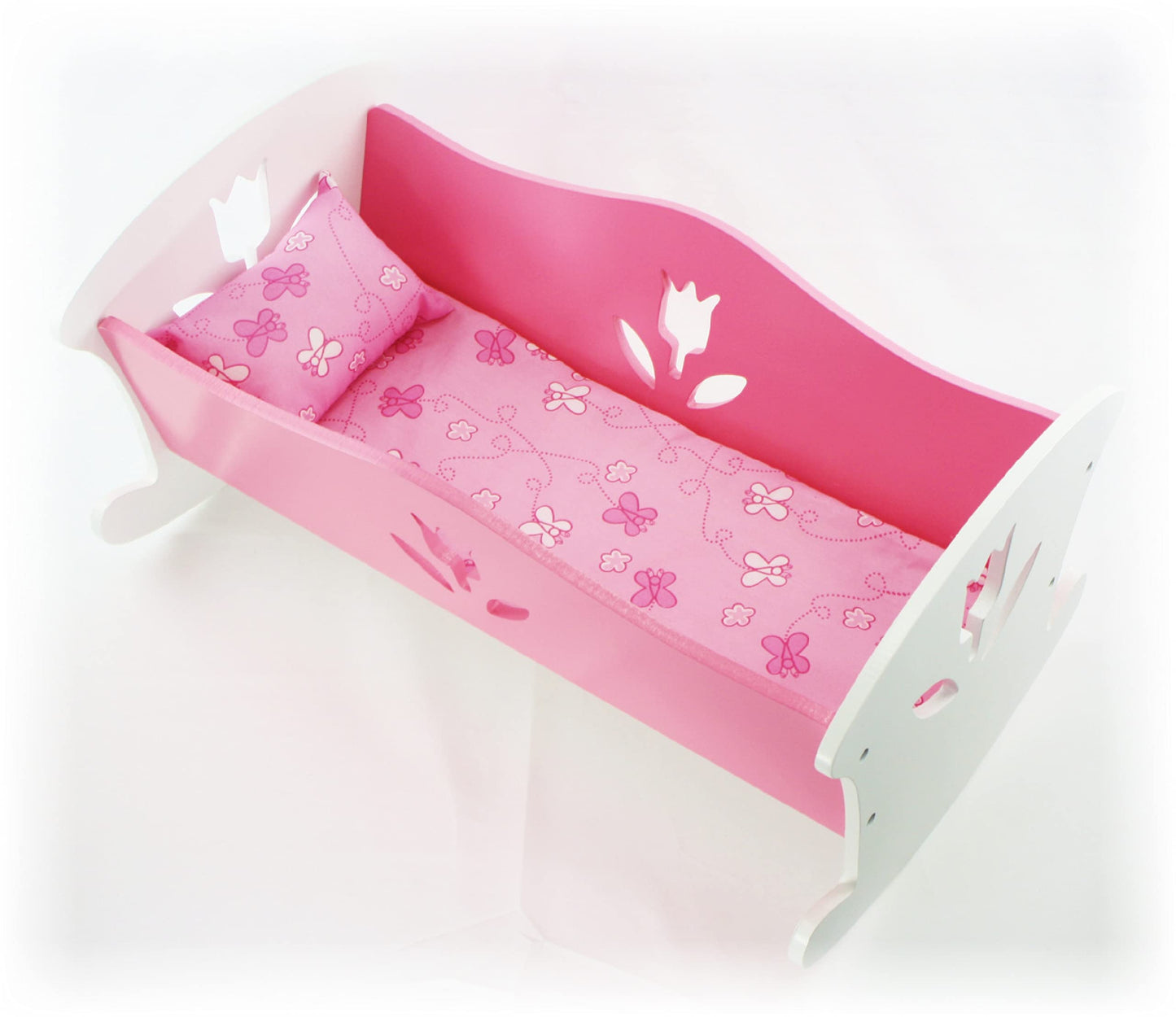 Matty'S Toy Stop 18 Inch Doll Furniture Wooden Doll Rocking Cradle (Crib) With Pink Pillow & Cushion - (18' Pink/White Floral) Fits American Girl Dolls