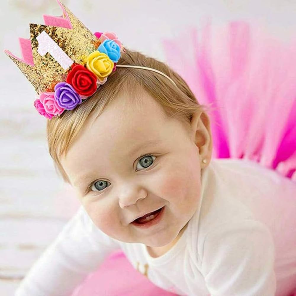 ipalmay Baby Princess Glitter Pink Crown, 1st Birthday Party Hat Pink with Mix Rainbow Color Flowers