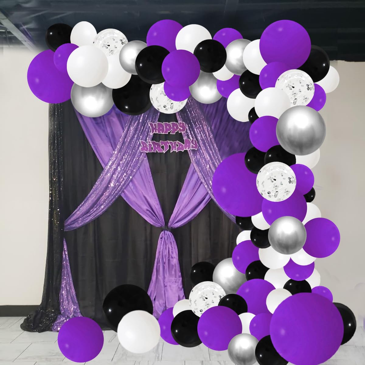 Purple Black Balloon Arch Garland Kit, 127 Purple Black White Balloons Metallic Silver Confetti Balloons For Birthday Wedding Gr