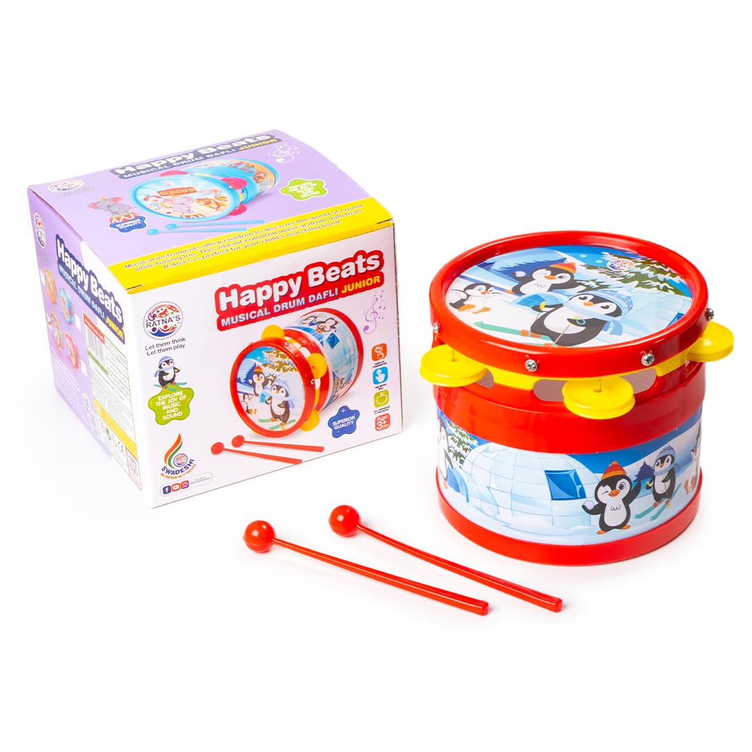 RatnaS Happy Beats Junior Penguin Printed Musical Drum Dafli Bongo Toy Musical Instrument With 2 Sticks For Kids