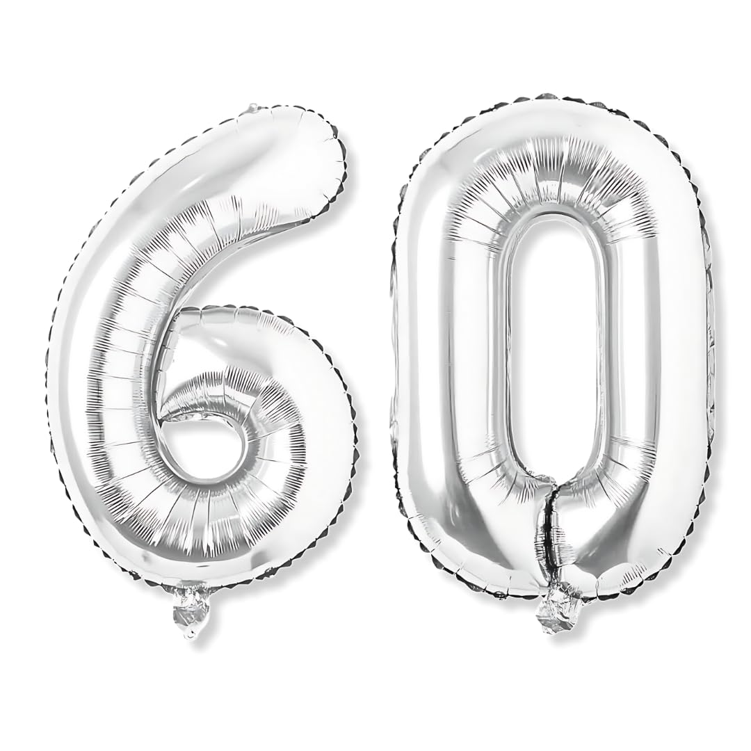 Flyloons 60 number Silver Foil Balloon 16 inch Size Birthday Decoration Items Pack of 2 | 60th Year Balloons | Sixty