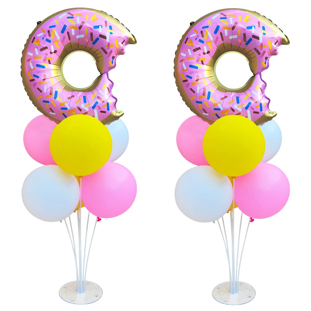 Donut Table Centerpiece Balloons Stand Kit 2 Sets With 2 Doughnut Foil Balloons And 14 Latex Pastel Balloons For Donut Time Deco