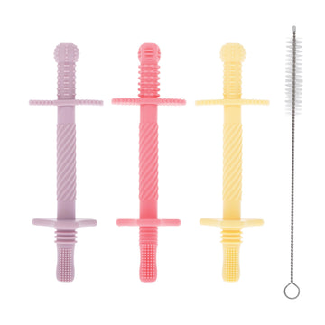 Nuby Sensory Silicone Tube Teethers - (3 Pack) Textured Infant and Baby Teether Toys - 3+ Months - Purple, Pink, and Yellow