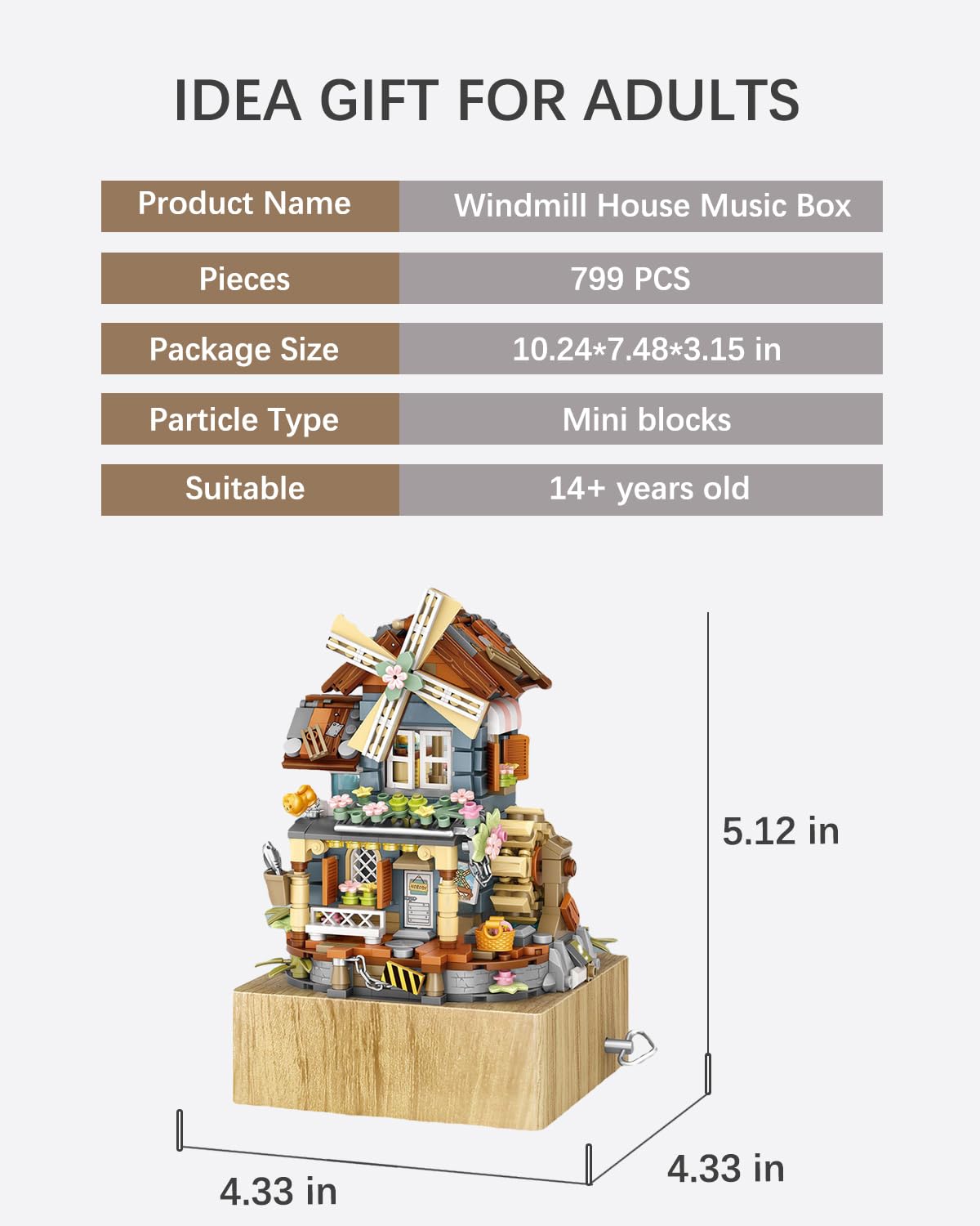 Noziaa Music Box Building Blocks Set, Japanese Rustic Style Windmill House Toy Set, Mini Farm House Moc Creative Model, Gifts Id